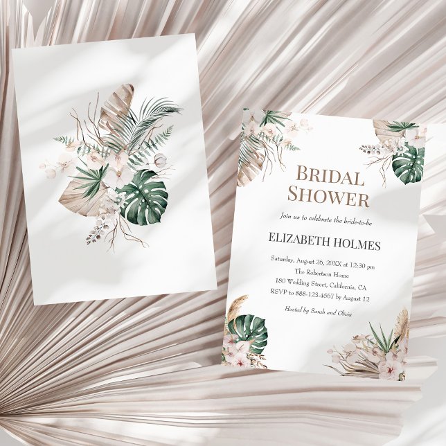 Einladung von Boho Tropical Orchid Bridal (Boho Tropical Orchid Bridal Shower Invitation on a sunny neutral dry palm leaf.)