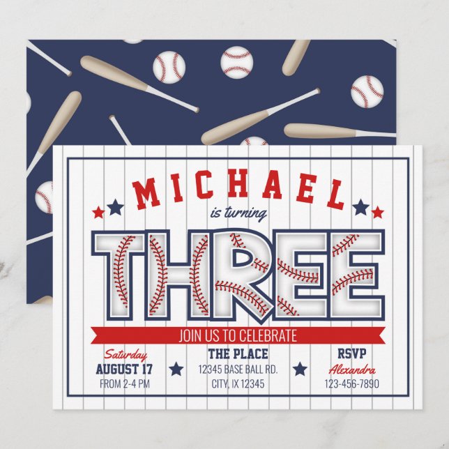 Einladung von Boy Baseball zum 3. Geburtstag (Vorne/Hinten)