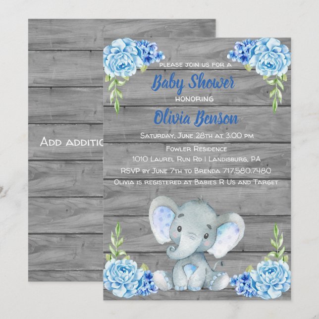 Einladung von Boy Elephant Baby Shower (Vorne/Hinten)