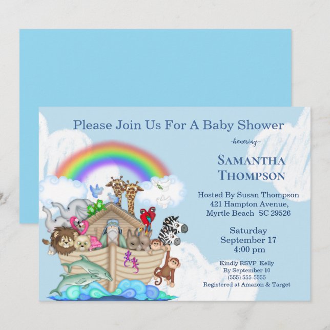 Einladung von Boys Blue Noah's Ark Baby Shower (Vorne/Hinten)