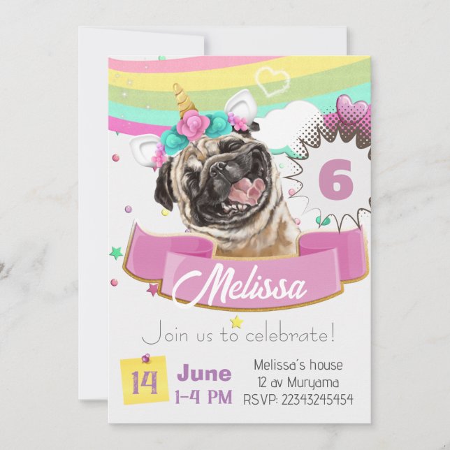 Einladung von Bulldog, Mops Unicorn Welpe Hund Geb (Vorderseite)