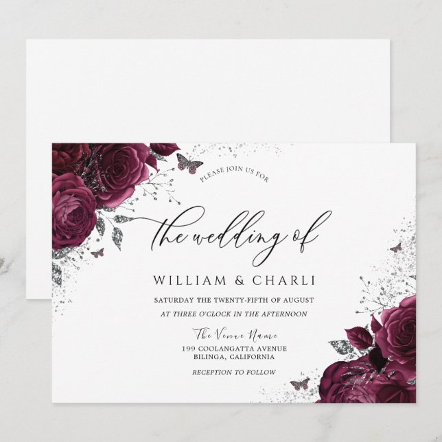 Einladung von Burgund Blume Butterfly Hochzeit (Vorne/Hinten)