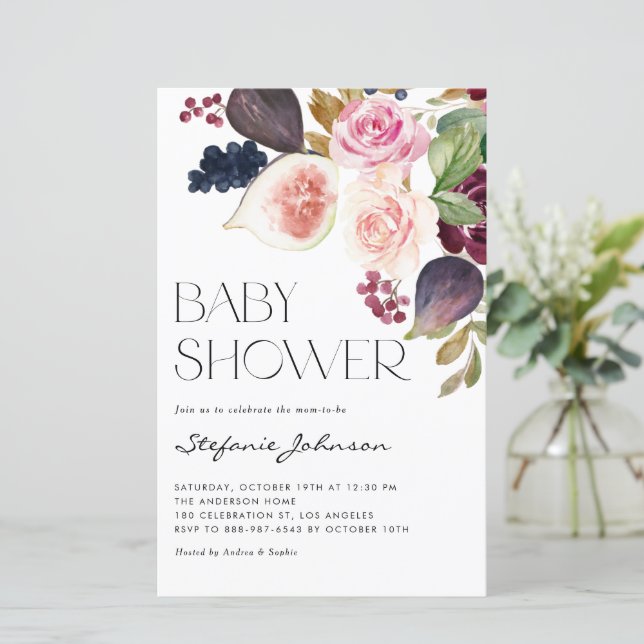 Einladung von Burgund Blume und Figs Baby Dusche (Stehend Vorderseite)