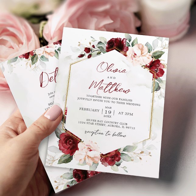 Einladung von Burgund Floral Hochzeit mit Details (Von Creator hochgeladen)