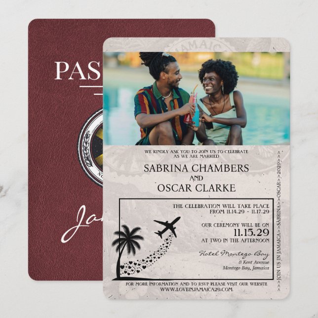 Einladung von Burgund Jamaica Passport Hochzeit (Vorne/Hinten)