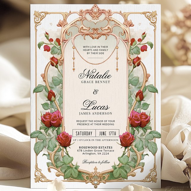 Einladung von Burgund Red Art Nouveau Floral Weddi (Von Creator hochgeladen)