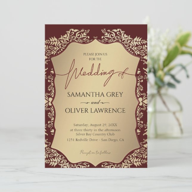 Einladung von Burgund und Gold Damask (Stehend Vorderseite)