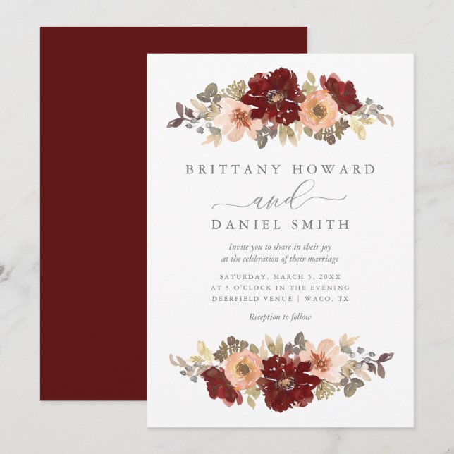 Einladung von Burgund und Peach Floral Wedding (Vorne/Hinten)