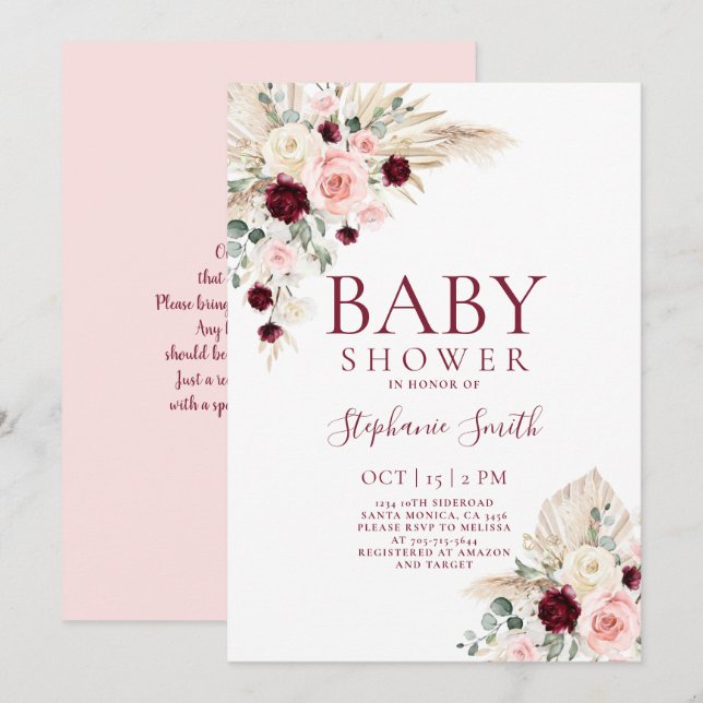 Einladung von Burgundy and Pink Baby Shower Girl (Vorne/Hinten)