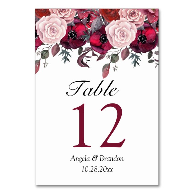 Einladung von Burgundy Bloom Floral Wedding Tischnummer (Vorderseite)