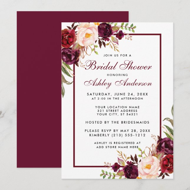 Einladung von Burgundy Bloral Bridal Dusche B (Vorne/Hinten)