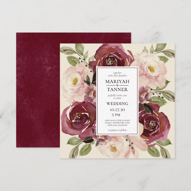 Einladung von Burgundy Blush Floral Wedding Square (Vorne/Hinten)