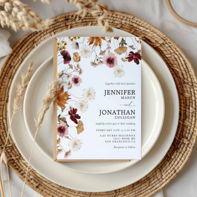 Einladung von Burgundy Boho Fall Floral Wedding (Burgundy Fall Wildflower Wedding Invitation)