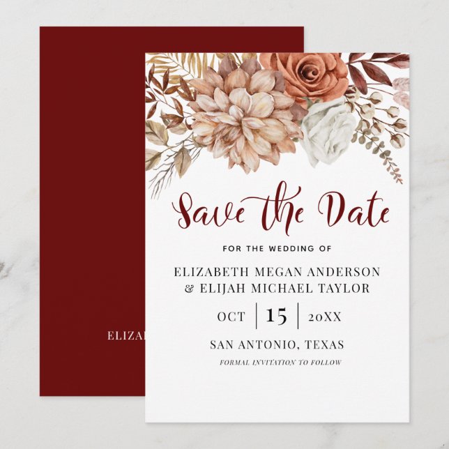 Einladung von Burgundy Fall Boho Floral Save the D (Vorne/Hinten)