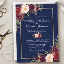Einladung von Burgundy Floral Blue Gold Hochzeit W