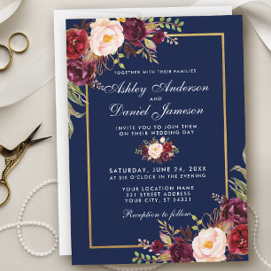 Einladung von Burgundy Floral Blue Gold Hochzeit W