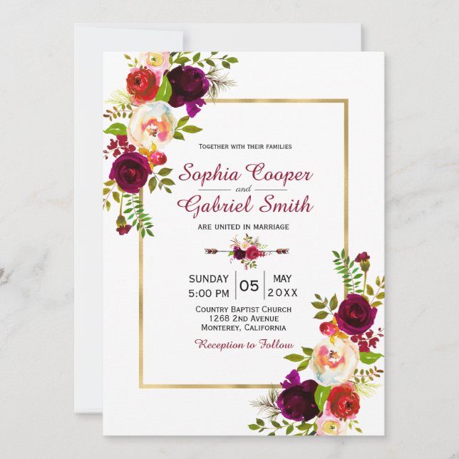 Einladung von Burgundy Floral Gold Frame Hochzeit (Vorderseite)