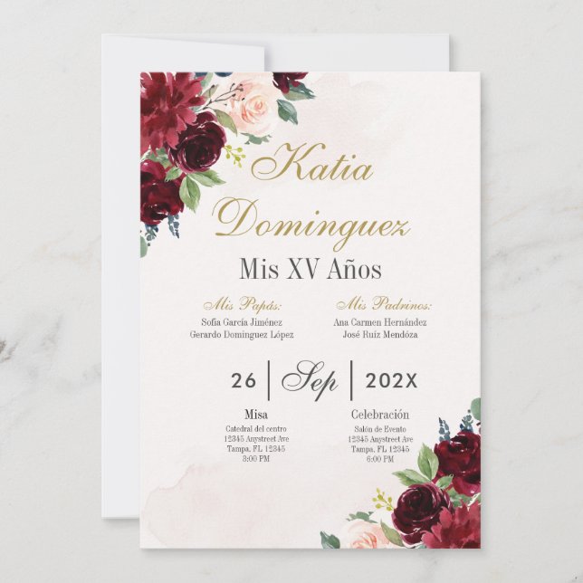 Einladung von Burgundy Floral Quinceanera (Vorderseite)