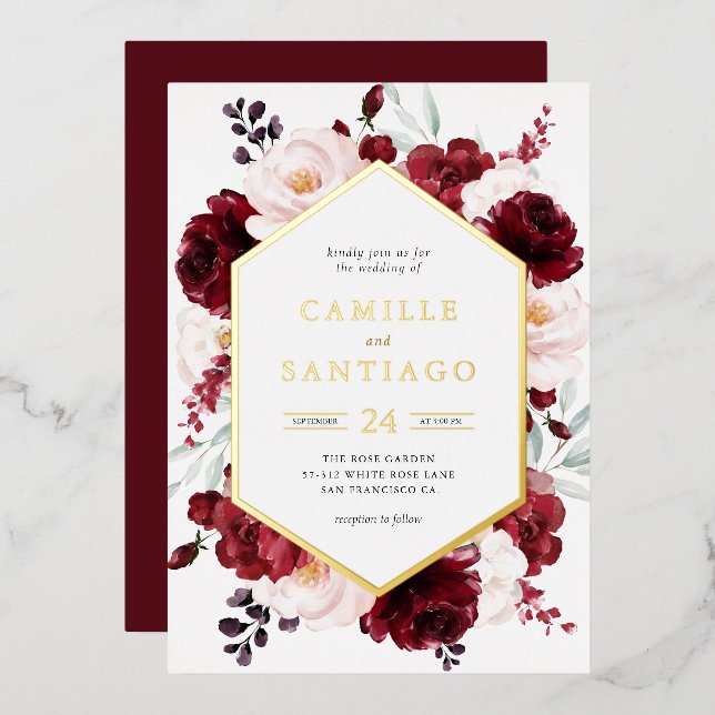 Einladung von Burgundy Floral Wedding (Vorderseite/Rückseite)