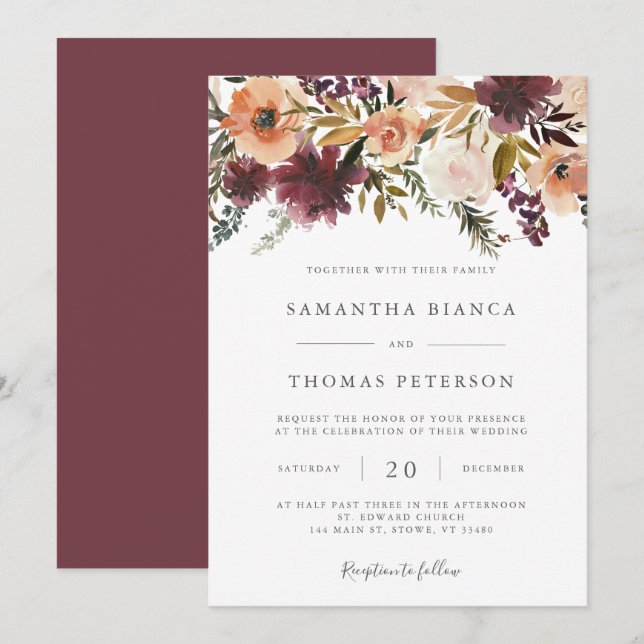 Einladung von Burgundy Floral Wedding (Vorne/Hinten)