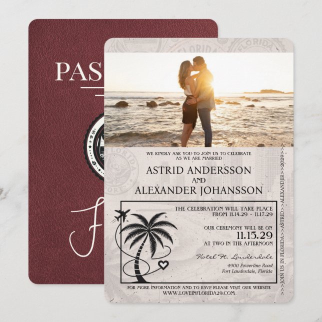 Einladung von Burgundy Florida Passport Hochzeit (Vorne/Hinten)