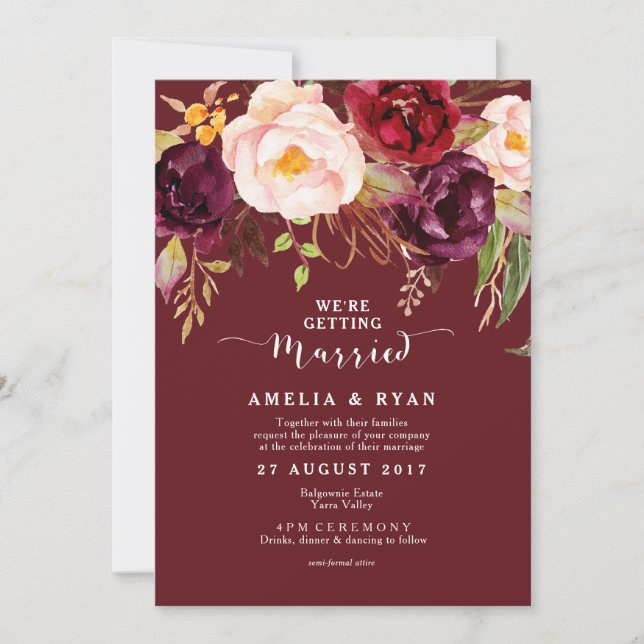 Einladung von Burgundy Marsala Floral Wedding (Vorderseite)