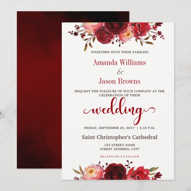 Einladung von Burgundy Marsala Red Floral Wedding (Vorne/Hinten)