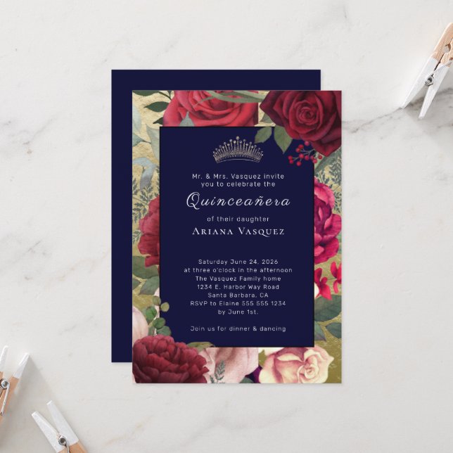 Einladung von Burgundy Navy Blauer Flora Quinceañe (Vorderseite/Rückseite Beispiel)