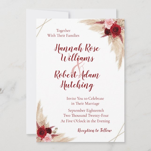 Einladung von Burgundy Pampas Grass Hochzeit (Vorderseite)