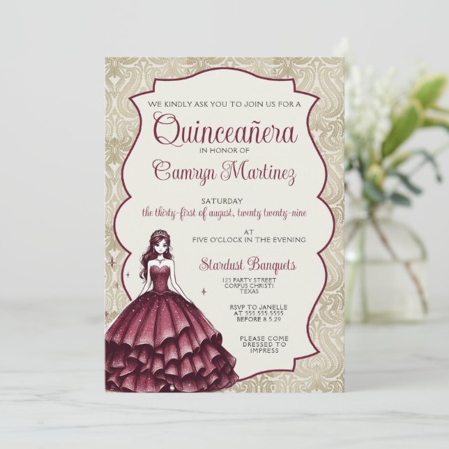 Einladung von Burgundy Quinceañera (Stehend Vorderseite)