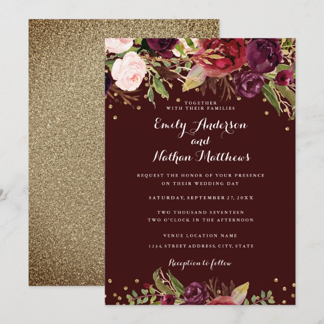 Einladung von Burgundy Red Floral Confetti Wedding (Vorne/Hinten)