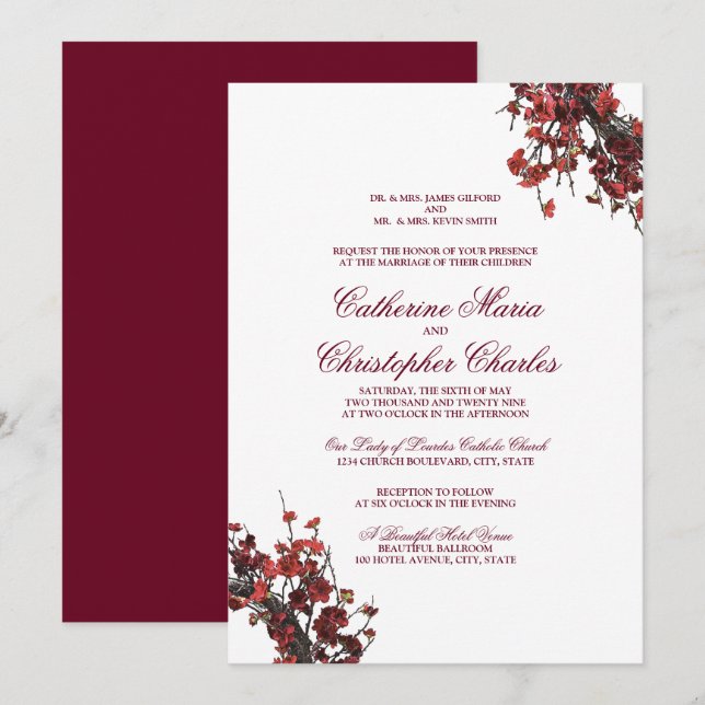 Einladung von Burgundy Red Floral Wreath (Vorne/Hinten)