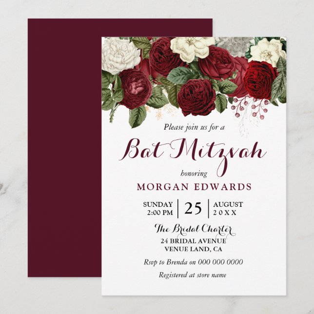 Einladung von Burgundy Red White Floral Bat Mitzva (Vorne/Hinten)