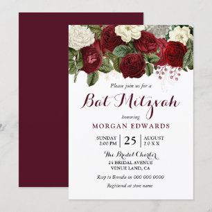 Einladung von Burgundy Red White Floral Bat Mitzva