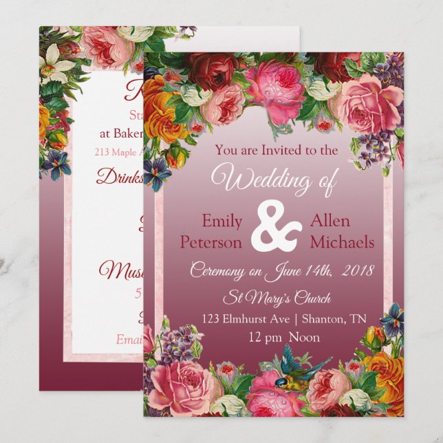 Einladung von Burgundy Rose Blue Bird Floral Weddi (Vorne/Hinten)
