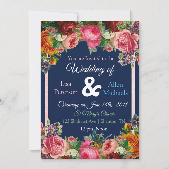 Einladung von Burgundy Rose Blue Bird Floral Weddi (Vorderseite)