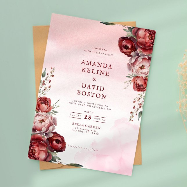 Einladung von Burgundy Watercolor Peony Wedding (Von Creator hochgeladen)