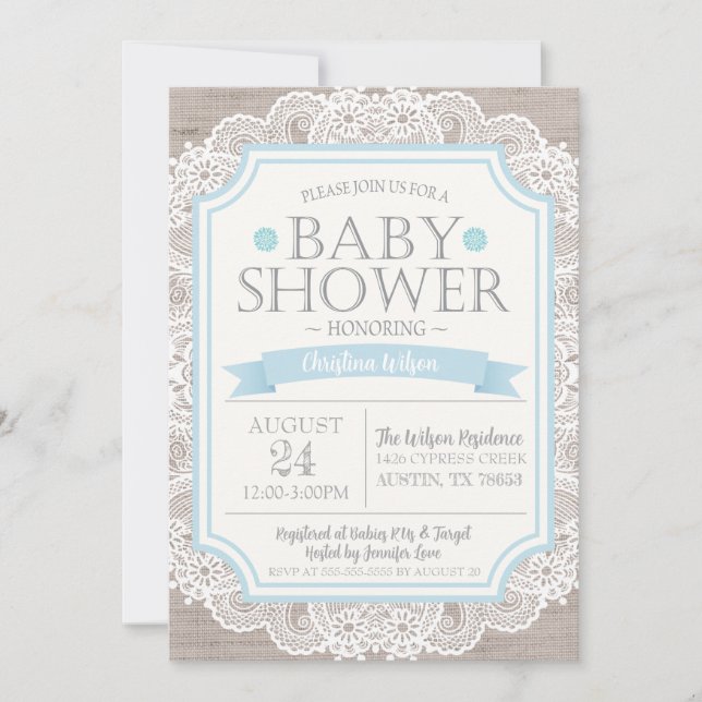 Einladung von Burlap Blue & Lace Baby Dusche (Vorderseite)