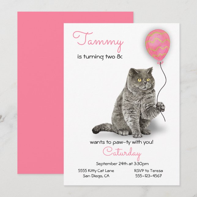 Einladung von Cat Birthday Party (Vorne/Hinten)