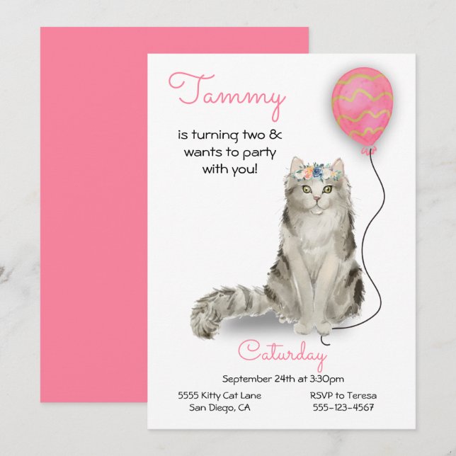 Einladung von Cat Birthday Party (Vorne/Hinten)