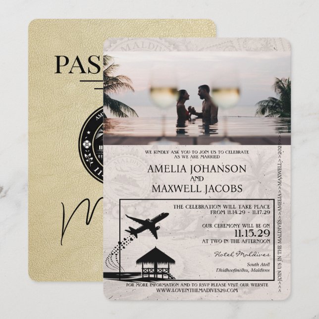 Einladung von Champagne Maldives Passport Hochzeit (Vorne/Hinten)