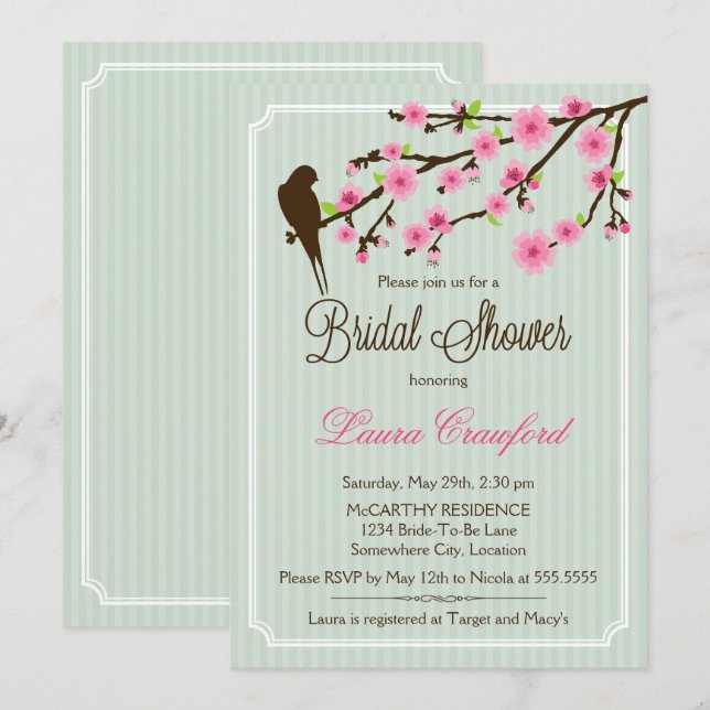 Einladung von Cherry Blossom und Bird Bridal Dusch (Vorne/Hinten)
