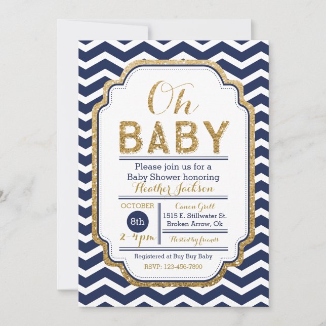 Einladung von Chevron Navy und Gold Baby Dusche (Vorderseite)