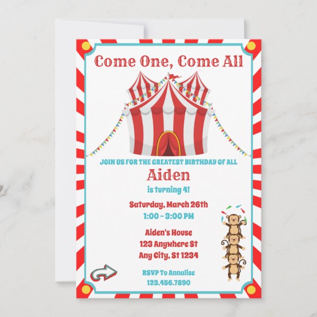 Einladung von Circus zum Geburtstag für Jungen (Vorderseite)