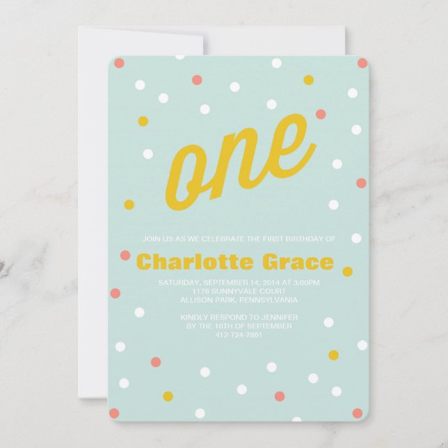 Einladung von Confetti zum ersten Geburtstag (Vorderseite)
