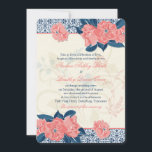 Einladung von Coral Navy Vintag Floral Wedding<br><div class="desc">Sie können den Text auf dieser marineblau, korallorange, Elfenbein Vintagen Blumen-und Rokoko Muster Hochzeitseinladung personalisieren. Navy Blau und Korallen ist eine trendige Farbwahl, die eine Einladung, die perfekt für die Braut, die elegante Vintage Retro-Stil Liebe ist. Geeignet für eine Frühjahr- oder Sommerhochzeit. Um den Text zu ändern, verwenden Sie die...</div>
