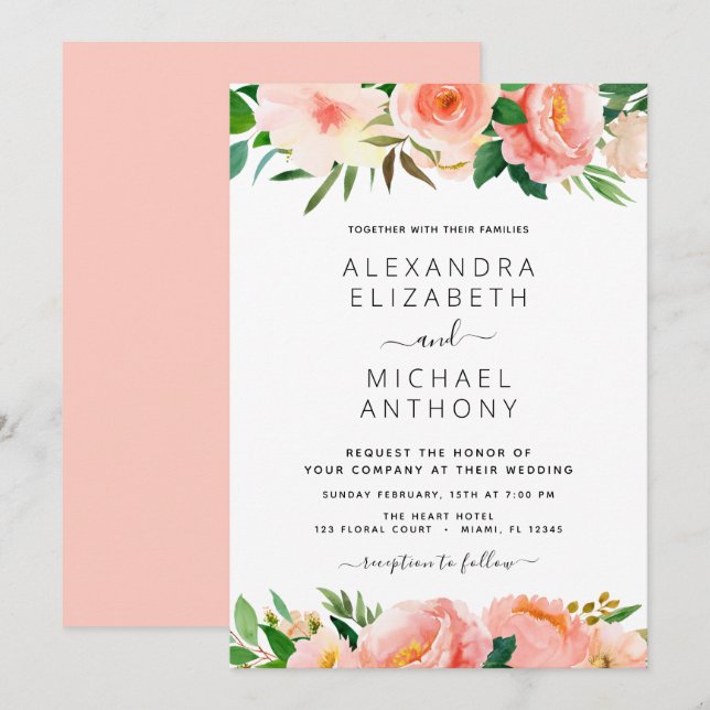 Einladung von Coral Peach floral Wedding (Vorne/Hinten)