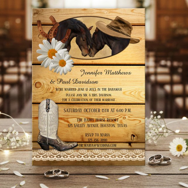 Einladung von Country Elope oder Post Wedding Part (Post wedding party invitation featuring two horses on rustic wood with horseshoes and cowboy boot)
