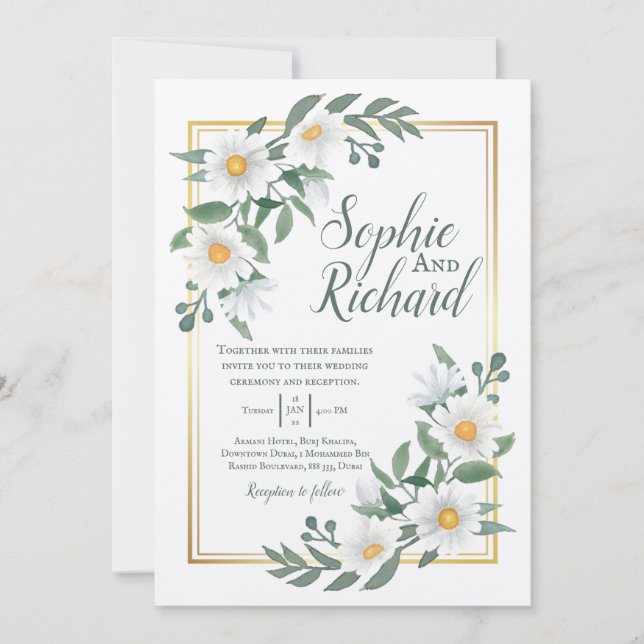Einladung von Daisies White Floral Gold Hochzeit (Vorderseite)