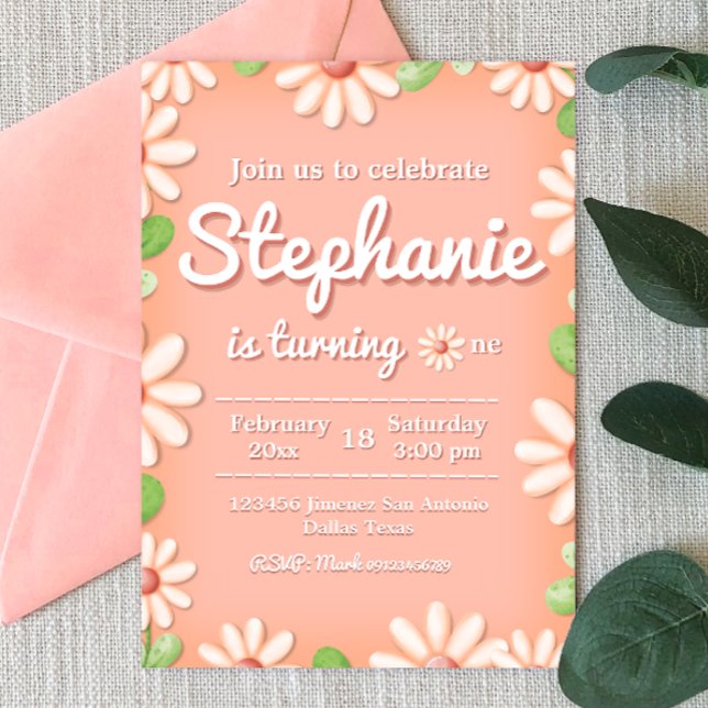 Einladung von Daisy 1. Geburtstagsmädchen (Daisy 1st Birthday Girl Invitation - Peach Pastel Color - Boho Themed)